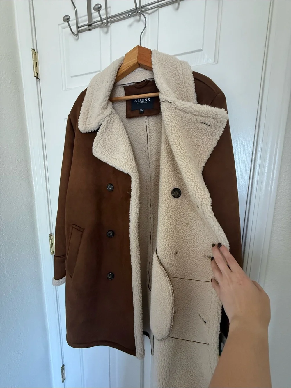 GUESS Brown Shearling-Trim Double-Breasted Pea Coat